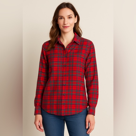 Lands' End Tops - Lands’ End Red Plaid Flannel Shirt Women’s Classic Cotton Tartan Button-Up 12
